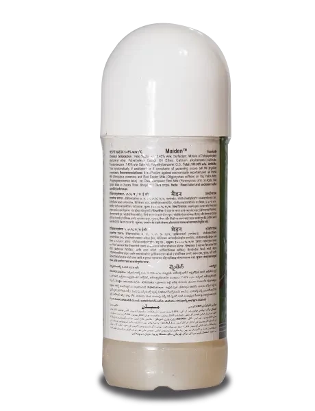 Label on Maiden Hexythiazox 5.45 ec Insecticide bottle showing chemical composition and antidote details in English and Hindi.
