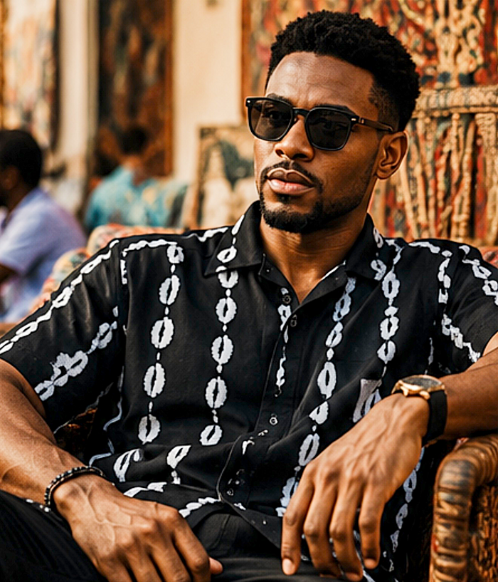 Men’s Black & White African Print Short-Sleeve Shirt