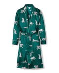The Mens Silk Long Robe in Panthère de Luxe by Petite Plume is an elegant green Mulberry silk robe, adorned with white leopards and piping. Featuring a shawl collar and waist belt, it perfectly blends style and comfort for your sleepwear collection.