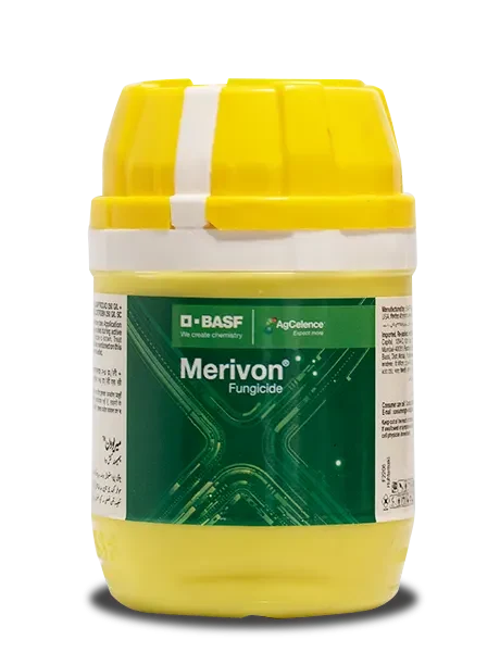 BASF Merivon Fungicide bottle contains Fluxapyroxad 250g/l + Pyraclostrobin 250g/l SC.