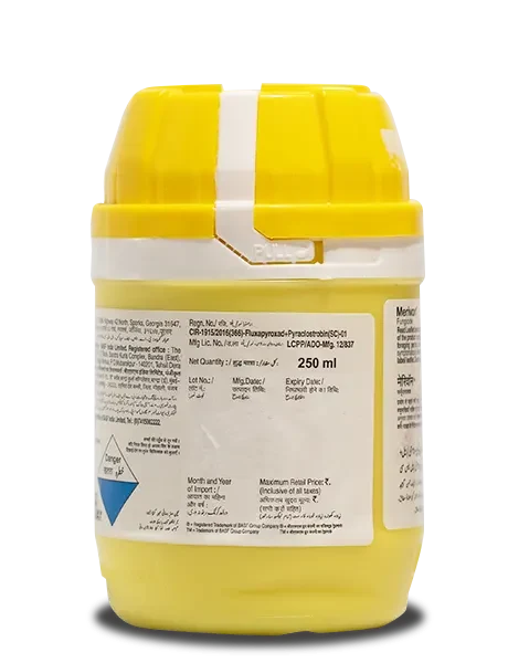 Label on Merivon Fungicide bottle showing manufacturer details and is size is 250ml.