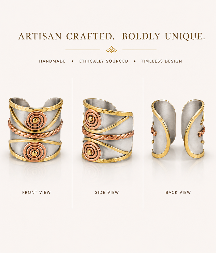 Mixed-Metal Spiral Statement Ring – Silver, Gold & Copper Tone