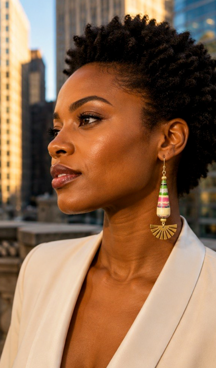 Multicolor Teardrop & Gold Fan Artisan Earrings
