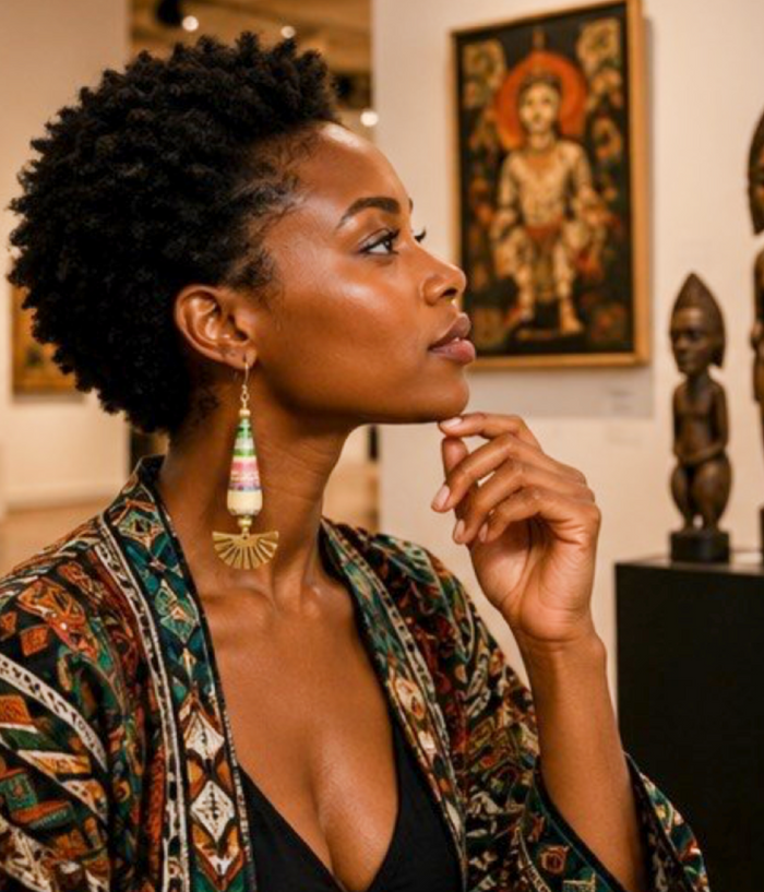 Multicolor Teardrop & Gold Fan Artisan Earrings