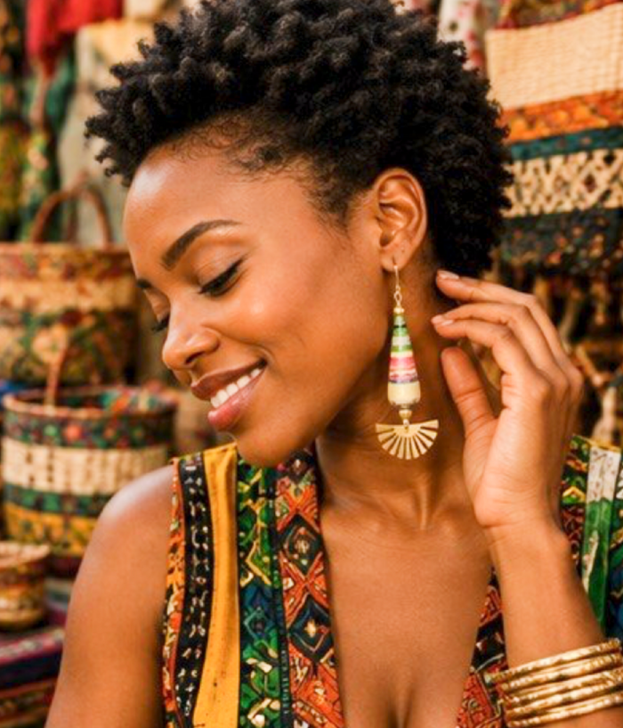Multicolor Teardrop & Gold Fan Artisan Earrings