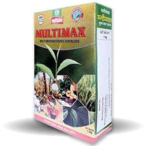 Side-angle view of a 1 kg Multimax Multi Micronutrients Fertilizer box featuring crop illustrations.