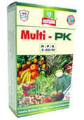 Multiplex Multi-PK 1 kg box, a 0:52:34 NPK soluble fertilizer for foliar spray and fertigation.