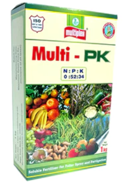 Multiplex Multi-PK 1 kg box, a 0:52:34 NPK soluble fertilizer for foliar spray and fertigation.