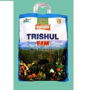 Multiplex Trishul VAM Bio-Fertilizer carrying bag featuring a crop field and harvested produce illustration.