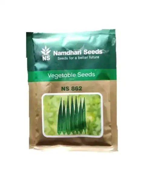 Namdhari Seeds packet of NS 862 vegetable seeds featuring a row of dark green okra pods on a blurred background.