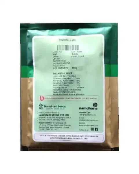 Back label of Namdhari Seeds NS 862 F1 Hybrid Bhendi (okra) packet showing product specifications and details.