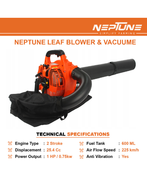 Neptune 3 in 1 Handheld Leaf Blower Vacuum 26 CC Powerful 2-Stroke Petrol Engine, 50 ltr Reusable Collection Bag