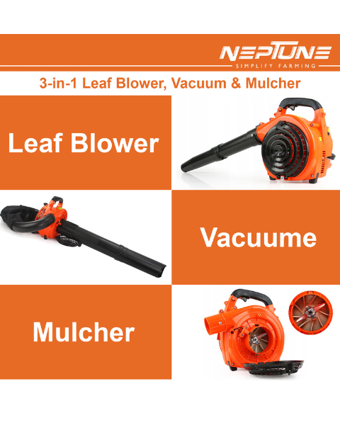 Neptune 3 in 1 Handheld Leaf Blower Vacuum 26 CC Powerful 2-Stroke Petrol Engine, 50 ltr Reusable Collection Bag