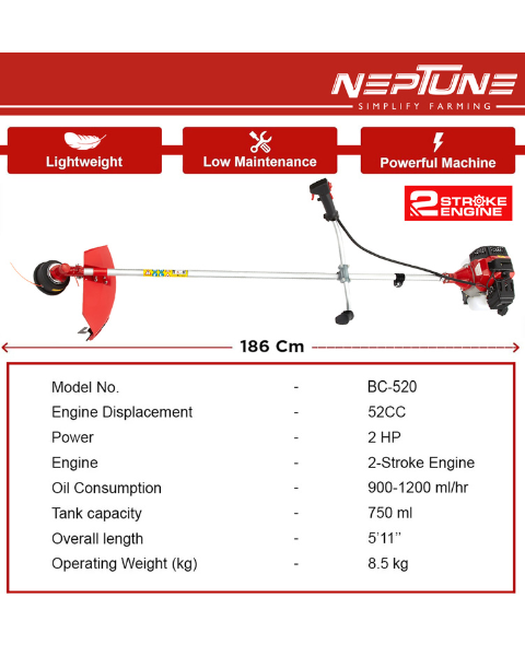 Neptune BC-520 Brush Cutter 52 CC Advanced Technology Side Pack 2 Stroke Petrol Engine Grass Trimmer
