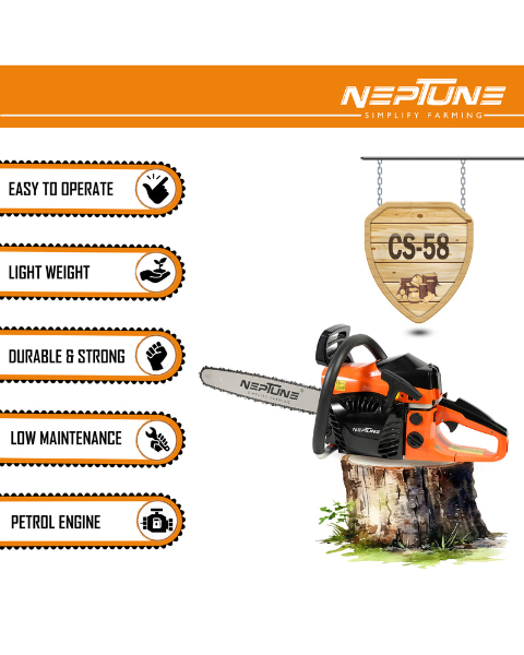 Neptune CS-58 Heavy Duty 58CC Powerful 2 Stroke Petrol Chain Saw | Woodcutting Saw with 56CM (22") Blade
