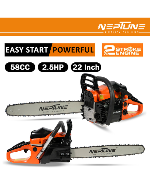 Neptune CS-58 Heavy Duty 58CC Powerful 2 Stroke Petrol Chain Saw | Woodcutting Saw with 56CM (22") Blade