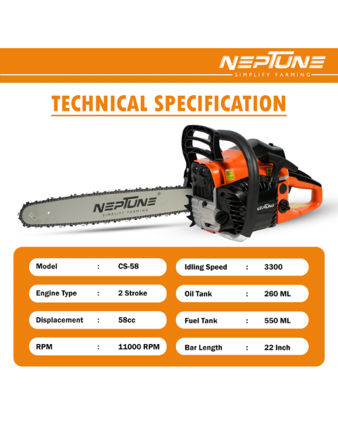 Neptune CS-58 Heavy Duty 58CC Powerful 2 Stroke Petrol Chain Saw | Woodcutting Saw with 56CM (22") Blade
