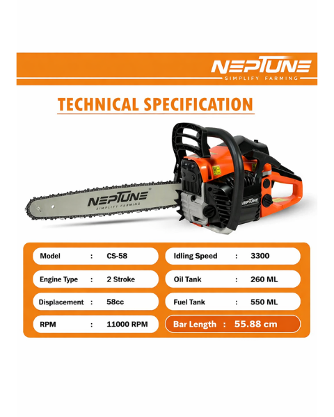 Neptune CS-58 Heavy Duty 58CC Powerful 2 Stroke Petrol Chain Saw | Woodcutting Saw with 56CM (22") Blade