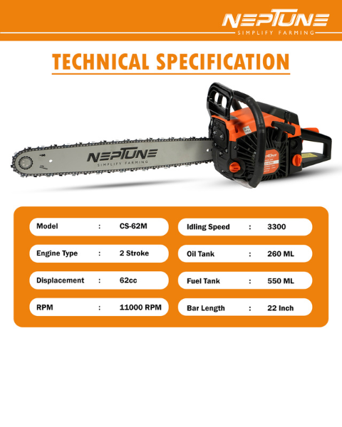 Neptune CS-62 Heavy Duty 62CC Powerful 2Stroke Petrol Chain Saw | Woodcutting Saw with 55.8cm (22") Blade