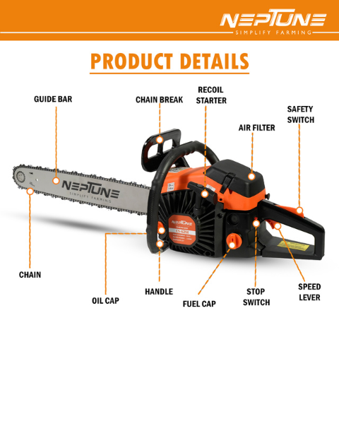 Neptune CS-62 Heavy Duty 62CC Powerful 2Stroke Petrol Chain Saw | Woodcutting Saw with 55.8cm (22") Blade