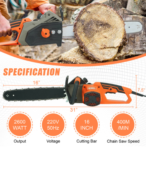 Neptune Electric Chain Saw 2600W Copper Motor | 40.6cm (16")Guide Bar | 4800 RPM | Automatic Oiler