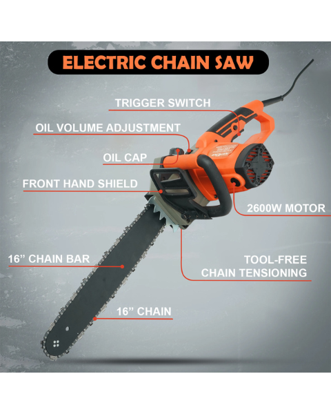 Neptune Electric Chain Saw 2600W Copper Motor | 40.6cm (16")Guide Bar | 4800 RPM | Automatic Oiler