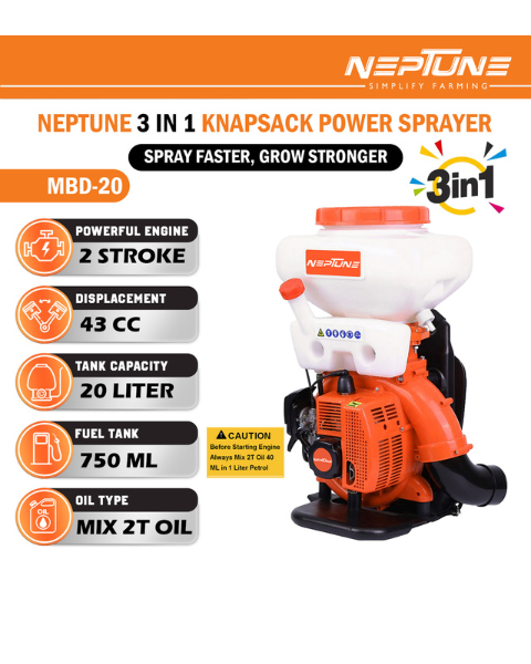 Neptune MBD-20 2 in 1 Knapsack Mist Blower, Powder Duster and Sprayer, 2-Stroke 43cc Petrol Engine, 20L Tank Capacity