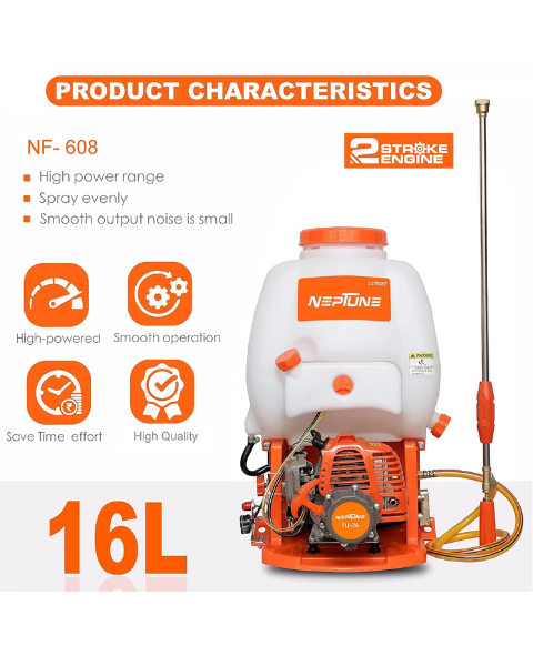 Neptune Model-608 Knapsack Power Sprayer, 2-Stroke 26CC Petrol Engine, 16L Tank, 2 Types Spray Guns Included