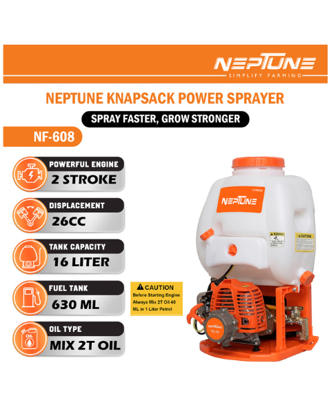 Neptune Model-608 Knapsack Power Sprayer, 2-Stroke 26CC Petrol Engine, 16L Tank, 2 Types Spray Guns Included