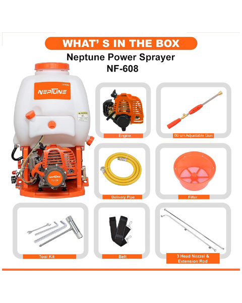 Neptune Model-608 Knapsack Power Sprayer, 2-Stroke 26CC Petrol Engine, 16L Tank, 2 Types Spray Guns Included