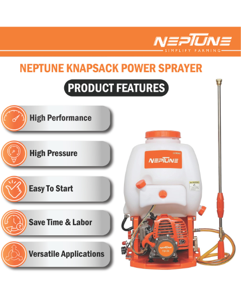 Neptune Model-608 Knapsack Power Sprayer, 2-Stroke 26CC Petrol Engine, 16L Tank, 2 Types Spray Guns Included