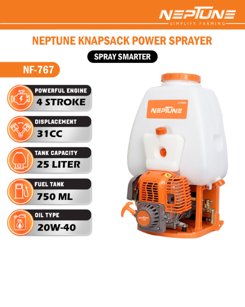 Neptune Model-767 4-Stroke Knapsack Power Sprayer | 31CC Petrol Engine | 25-Litre Tank Capacity