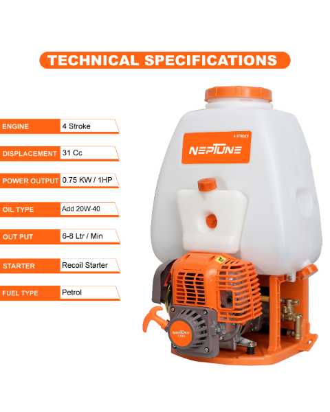 Neptune Model-767 4-Stroke Knapsack Power Sprayer | 31CC Petrol Engine | 25-Litre Tank Capacity