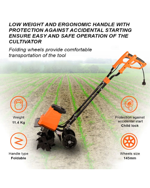 Neptune NC-41E 1500 W Electric Portable Mini Garden Tiller Cultivator, Weeder with 6 Blades