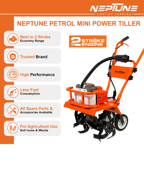 Neptune NC-62 Mini Tiller | 2 Stroke Advanced Technology Petrol Engine 62CC Powerful 3HP with High Carbon Steel Blade