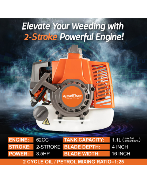 Neptune NC-62 Mini Tiller | 2 Stroke Advanced Technology Petrol Engine 62CC Powerful 3HP with High Carbon Steel Blade
