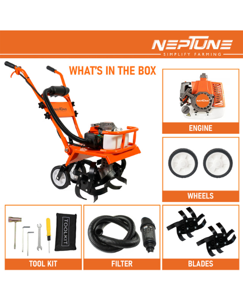 Neptune NC-62 Mini Tiller | 2 Stroke Advanced Technology Petrol Engine 62CC Powerful 3HP with High Carbon Steel Blade