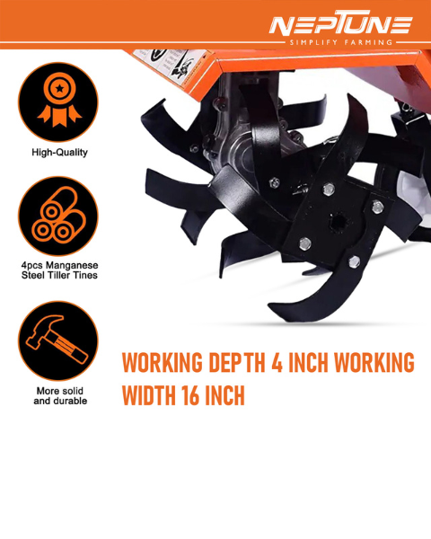 Neptune NC-62 Mini Tiller | 2 Stroke Advanced Technology Petrol Engine 62CC Powerful 3HP with High Carbon Steel Blade