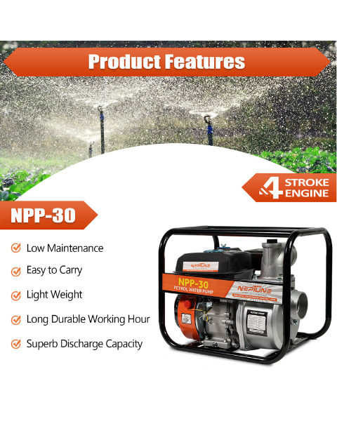Neptune NPP-30 Portable Water Pump | 6.5HP, Heavy 4 Stroke 196CC Petrol Engine Powerful 3600RPM