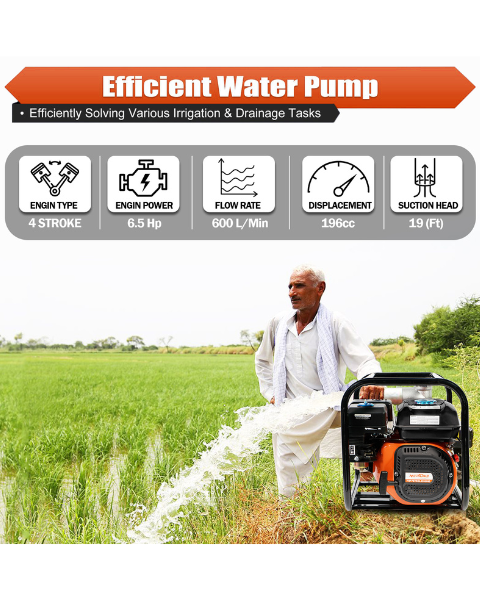 Neptune NPP-30 Portable Water Pump | 6.5HP, Heavy 4 Stroke 196CC Petrol Engine Powerful 3600RPM