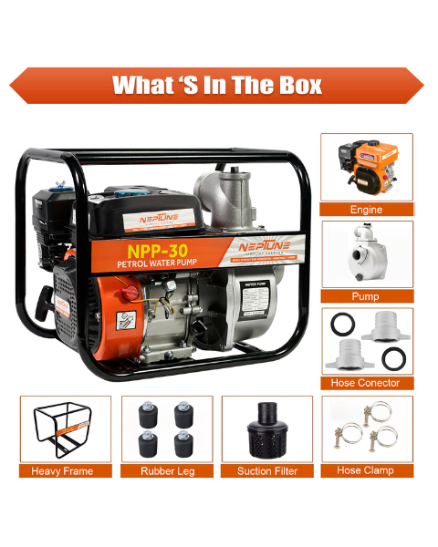 Neptune NPP-30 Portable Water Pump | 6.5HP, Heavy 4 Stroke 196CC Petrol Engine Powerful 3600RPM