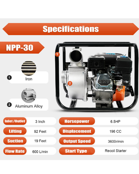 Neptune NPP-30 Portable Water Pump | 6.5HP, Heavy 4 Stroke 196CC Petrol Engine Powerful 3600RPM