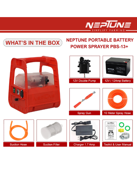 Neptune PBS-13 Plus Portable Double Motor Battery Sprayer 12 V x 12 Amp | 15m Hose & High Pressure Spray Gun up to 25 Ft Spray