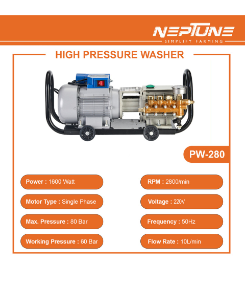 Neptune Simplify Farming PW-280 Electric Portable High Pressure Washer | Powerful 1600W, Flow Rate 10L/Min