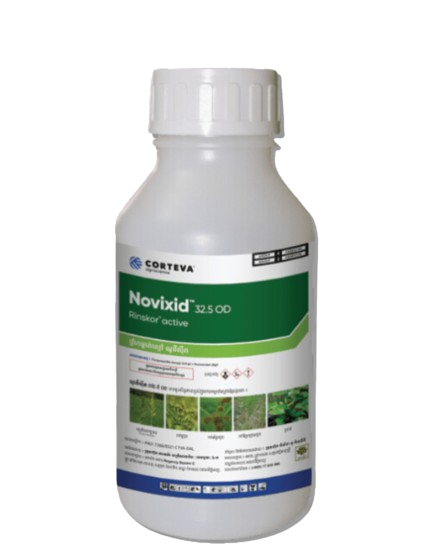 Corteva Novixid Herbicide bottle contains Florpyrauxifen-benzyl 1.31% w/w + Penoxsulam 2.1% w/w OD.