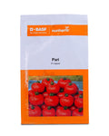 Original packaging of BASF Nunhems Pari F1 Hybrid Tomato Seeds featuring ripe red tomatoes.