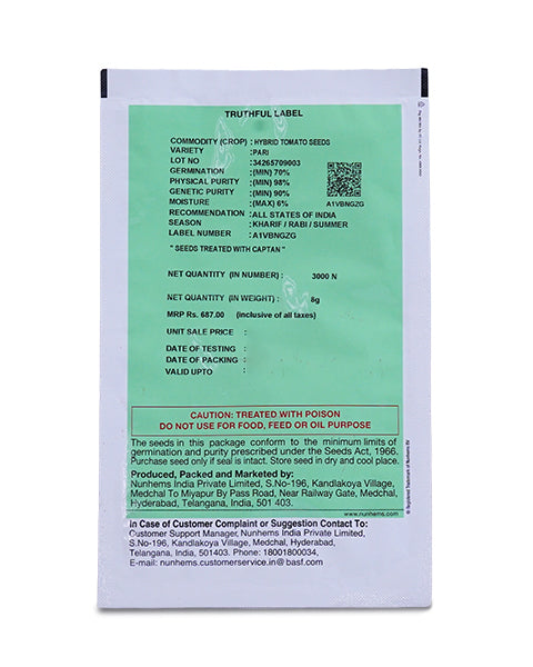 Back of Pari F1 Tomato Seeds packet featuring MRP, net weight 8g, and seed treatment details for All India recommendation.