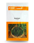BASF Nunhems Rushaan F1 Hybrid bitter gourd seeds packet showing a basket of fresh, spiky green bitter melons.