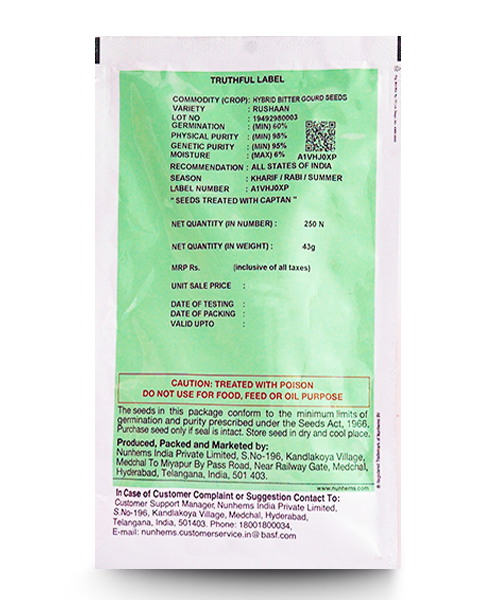 Back of Nunhems Rushaan Hybrid Bitter Gourd seeds packet showing truthful label, technical specs, and safety warnings.
