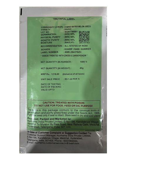 Label on Nunhems Hybrid Watermelon Seeds showing general information details,and is 45g in size.